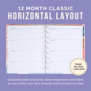 Happy Planner Disc-Bound 12-Month Academic Planner, July 2024–June 2025 Daily and Monthly Planner, Classic Size, Horizontal Layout, Marble Mood, 72 pages, 2 Sticker Sheets, 7" x 9 1/4"