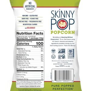 SkinnyPop Original Popcorn, Individual Snack Size Bags, Skinny Pop, Healthy Popcorn Snacks, Gluten Free, 0.65 Ounce (Pack of 30)