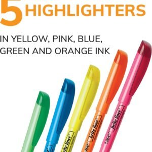 BIC Brite Liner Highlighters, Chisel Tip, 5-Count Pack of Highlighters Assorted Colors, Ideal Highlighter Set for Organizing and Coloring