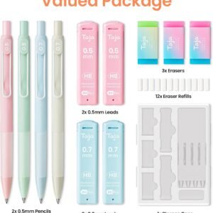 Cute Mechanical Pencil Set, 4 Pcs Pastel Mechanical Pencils 0.7 & 0.5mm with 4 Tube Leads 3 Erases & 12 Eraser Refills, Aesthetic pencils for Girl Boy, Back to School Supplies-Pastel