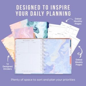 Happy Planner Disc-Bound 12-Month Academic Planner, July 2024–June 2025 Daily and Monthly Planner, Classic Size, Horizontal Layout, Marble Mood, 72 pages, 2 Sticker Sheets, 7" x 9 1/4"