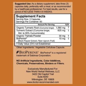 Turmeric Curcumin - 2250mg/d - Veggie Caps - 95% Curcuminoids with Black Pepper Extract (Bioperine) - 750mg Capsules - 100% Organic - Most Powerful Turmeric Supplement with Triphala (180 Count)