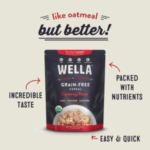 Wella Cereal Oatmeal Alternative, Gluten-Free Breakfast Hot Cereal, Grain-Free Paleo Organic Vegan High Protein Superfood, Plant-Based Non-GMO, Low in Net Carbs, Multi-Serve Bag, Cranberry Pecan Flavor (1 Count, 12.8 oz. Bag)