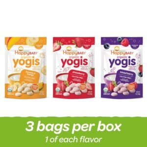 Happy Baby Organics Baby Snacks, Yogis, Freeze Dried Yogurt & Fruit Snacks, Gluten Free Snack for Babies 9+ Months, 3 Flavor Variety Pack, 1 Ounce (Total Pack of 3)