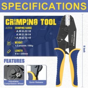 haisstronica Crimping Tool For Heat Shrink Connectors-AWG 22-10 Ratchet Wire Terminal Crimper-Ratcheting Crimper Tools-Available For Insulated Nylon Connectors and Electrical Wire Connectors HS-8327