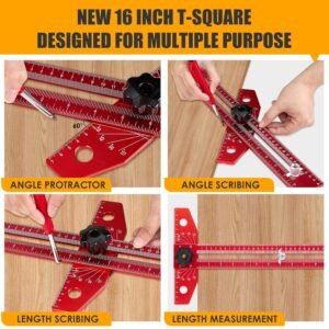 Woodworking Scriber Marking Line Ruler T Type Woodworking Ruler 16 inch Layout and Measuring Tools Precision Marking T-Ruler Positioning Scribing(Red)