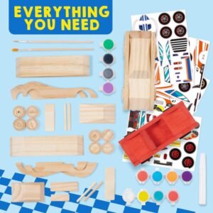 Klever Kits 4 DIY Wooden Race Cars-Build & Paint Your Own Wood Craft Kit, 4 Race Cars Toy, Easy to Assemble Arts Crafts Kit, Birthday Party Presents for Kids Boys Ages 6 and Up