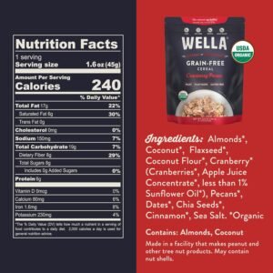 Wella Cereal Oatmeal Alternative, Gluten-Free Breakfast Hot Cereal, Grain-Free Paleo Organic Vegan High Protein Superfood, Plant-Based Non-GMO, Low in Net Carbs, Multi-Serve Bag, Cranberry Pecan Flavor (1 Count, 12.8 oz. Bag)