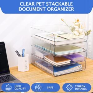 Set of 4 Office Organization and Storage, Clear PET Letter Tray Desk Organizer, Stackable Document Organizer for Notes, Pens, File Paper, Desk