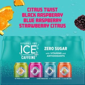 Sparkling Ice +Caffeine Variety Pack, Flavored Sparkling Water, Zero Sugar, with Vitamins and Antioxidants, 16 fl oz, 12 count (Citrus Twist, Black Raspberry, Blue Raspberry, Strawberry Citrus)